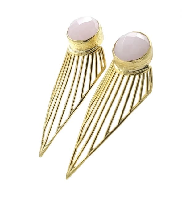 Handmade sustainable Gold-plated earrings with pink rose quartz gemstones on a white background facing left 