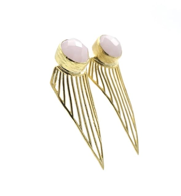Handmade eco-friendly gold-plated earrings with pink rose quartz gemstones on a white background facing the right 