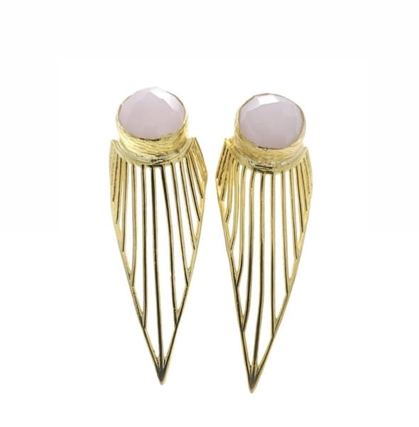 Handmade sustainable Gold-plated contemporary earrings with pink rose quartz gemstones on a white background