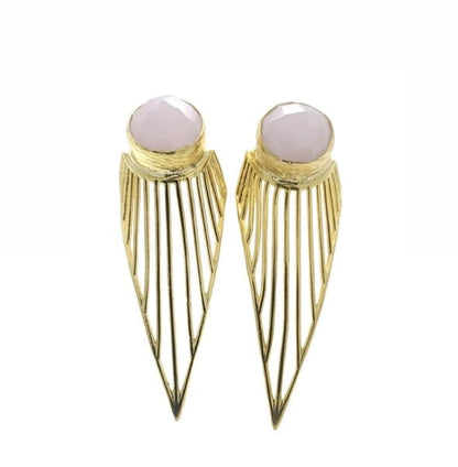 Handmade sustainable Gold-plated contemporary earrings with pink rose quartz gemstones on a white background