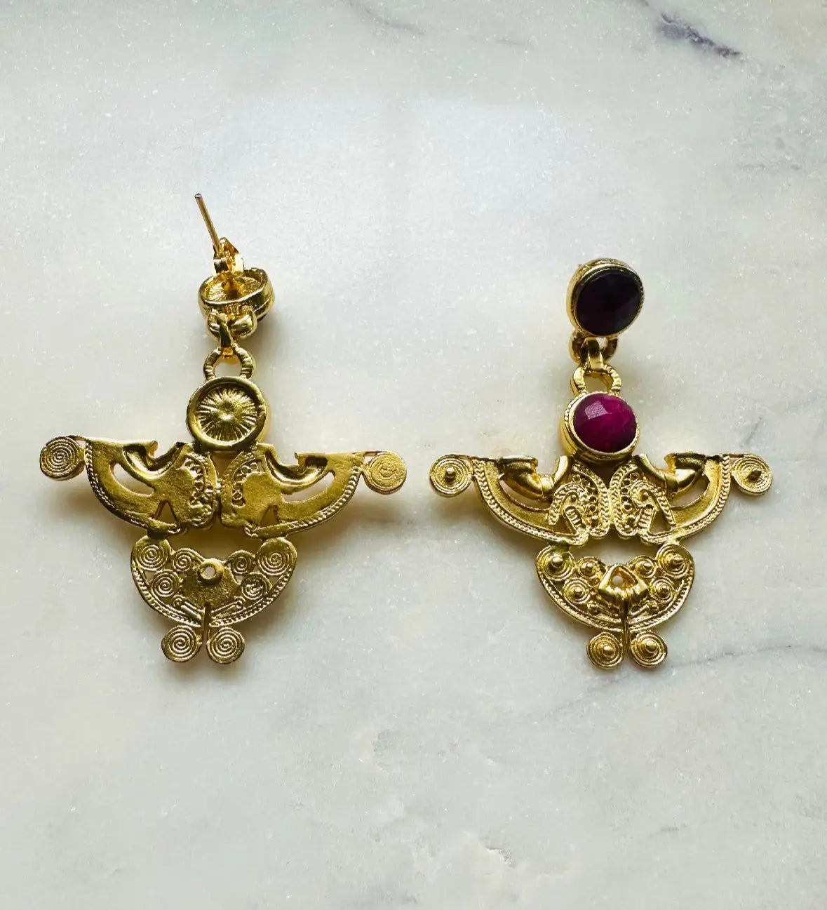stunning artisanal sustainable gold-plated abstract ruby earrings 