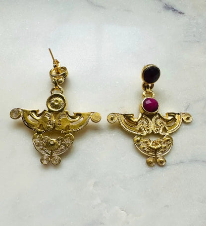 stunning artisanal sustainable gold-plated abstract ruby earrings 