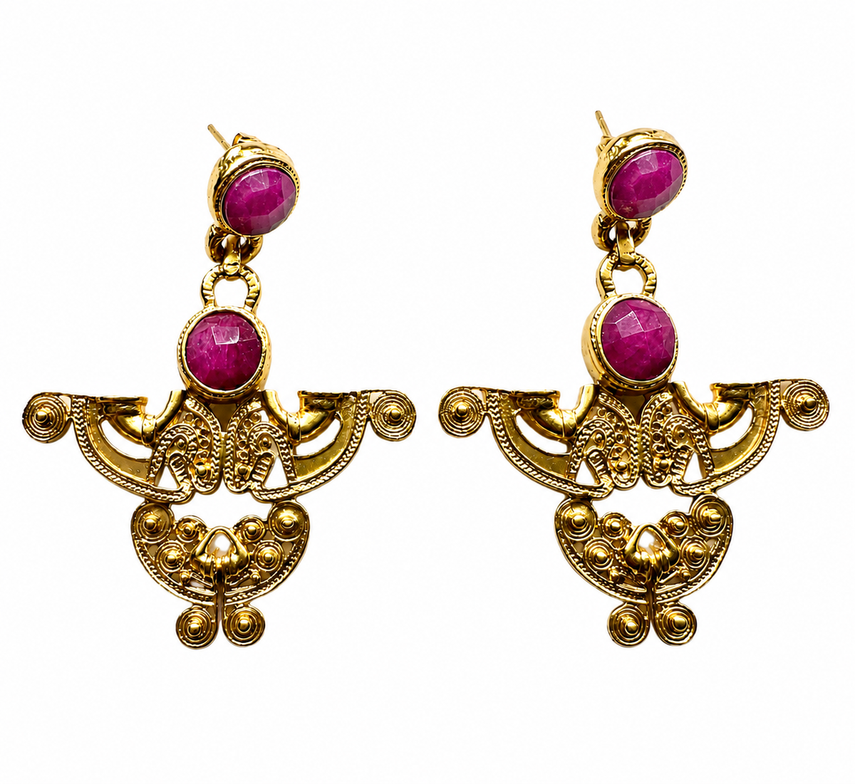 Bebek beautiful artisanal gold plated abstract ruby earrings