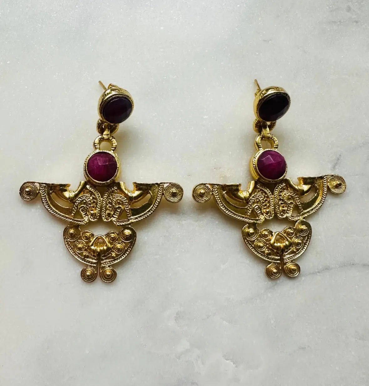 Beautiful artisanal sustainable gold-plated abstract ruby earrings