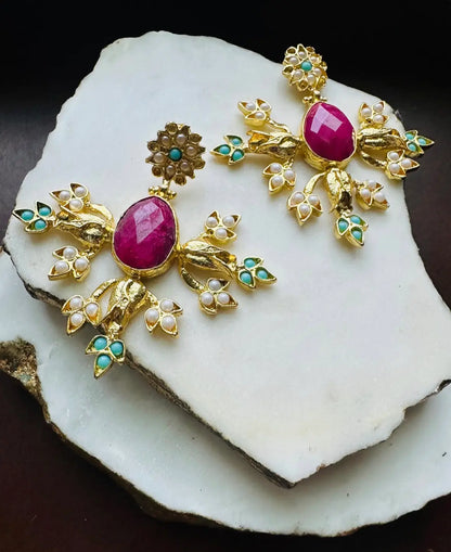 Unique Handmade susatinable Gold-plated Ruby, turquoise, and pearl statement earrings