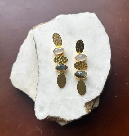 Elevated handmade sustainable Gold-plated labradorite and snow Quartz dangle earrings