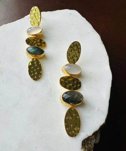 Elevated artisanal sustainable Gold-plated hammer-finished labradorite and snow Quartz dangle earrings