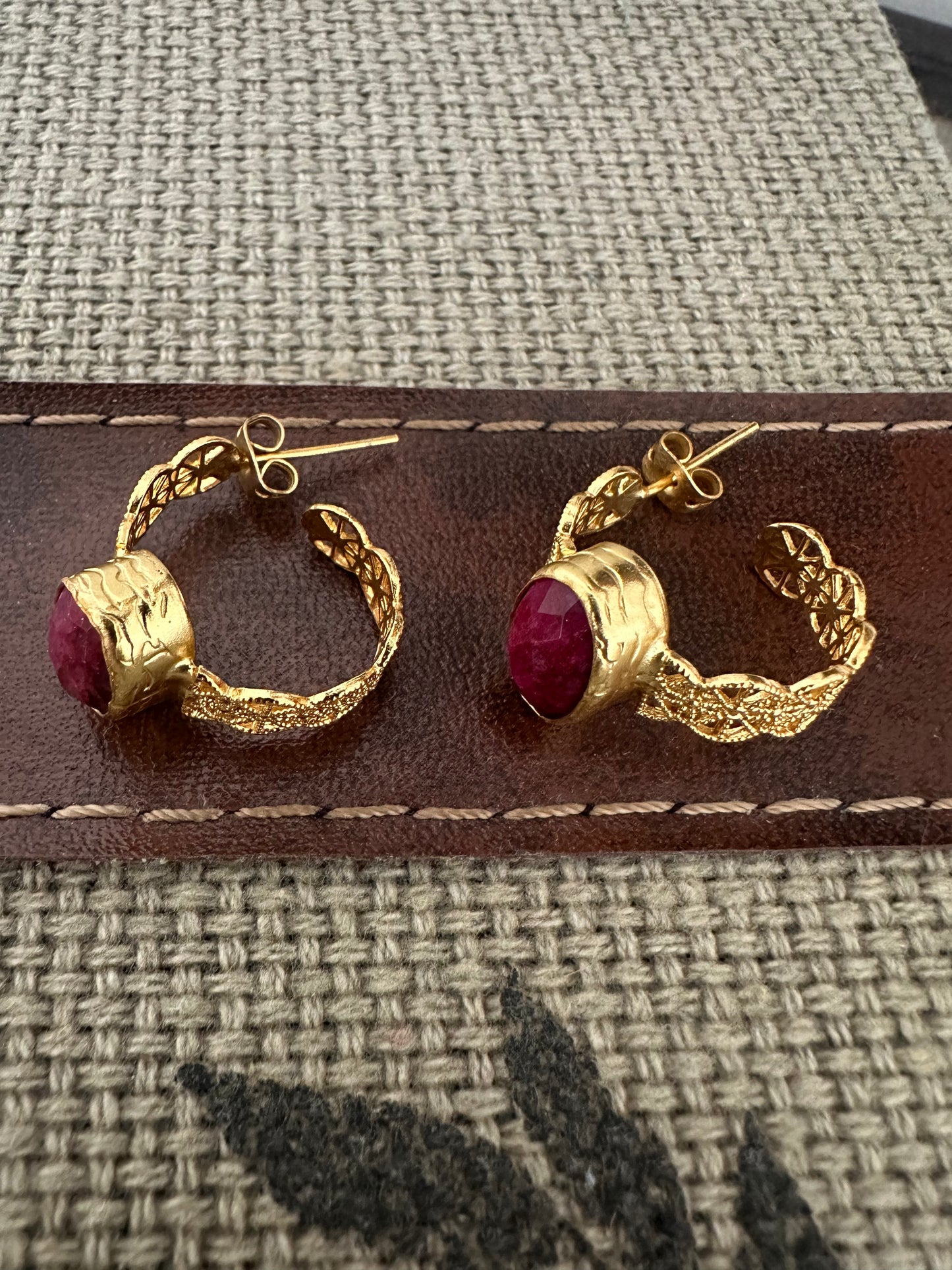 handmade sustainable gold-plated dainty ruby lace hoop earrings 