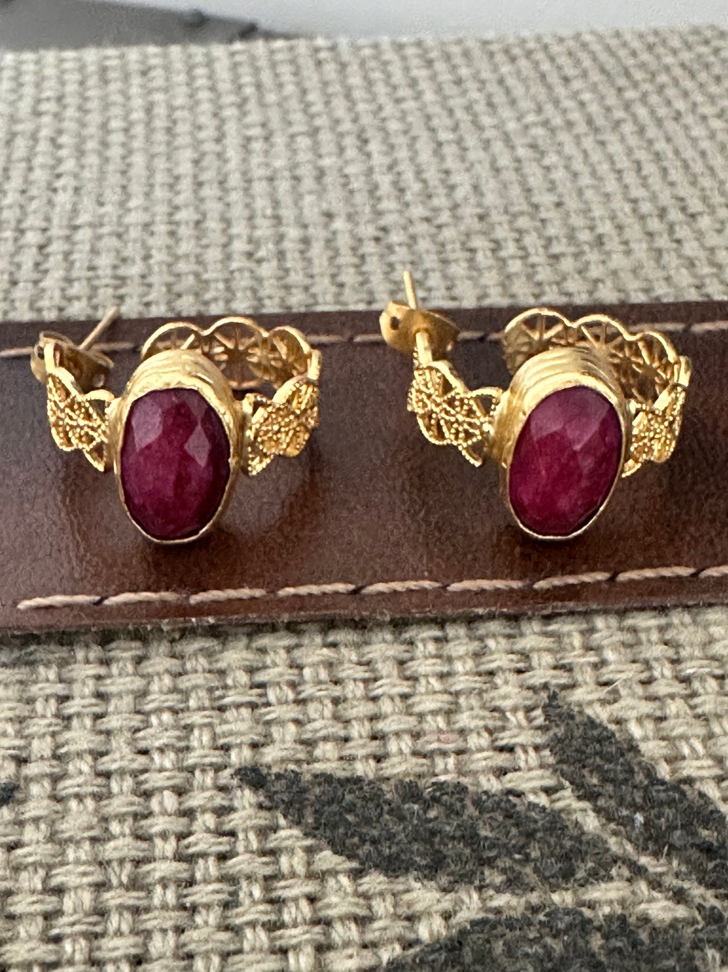 Artisanal sustainable gold-plated lace ruby hoop earrings 