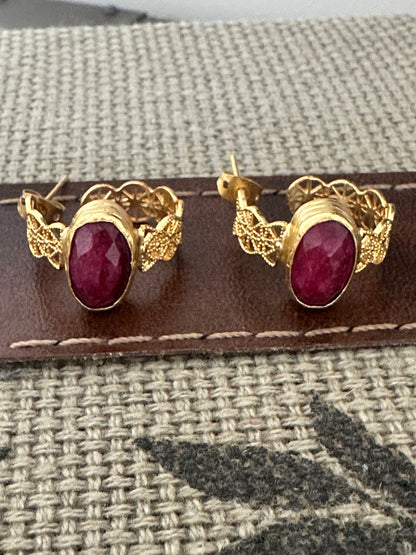Artisanal sustainable gold-plated lace ruby hoop earrings 