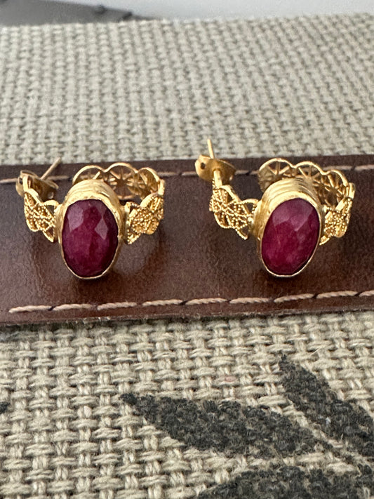 Artisanal sustainable gold-plated lace ruby hoop earrings 