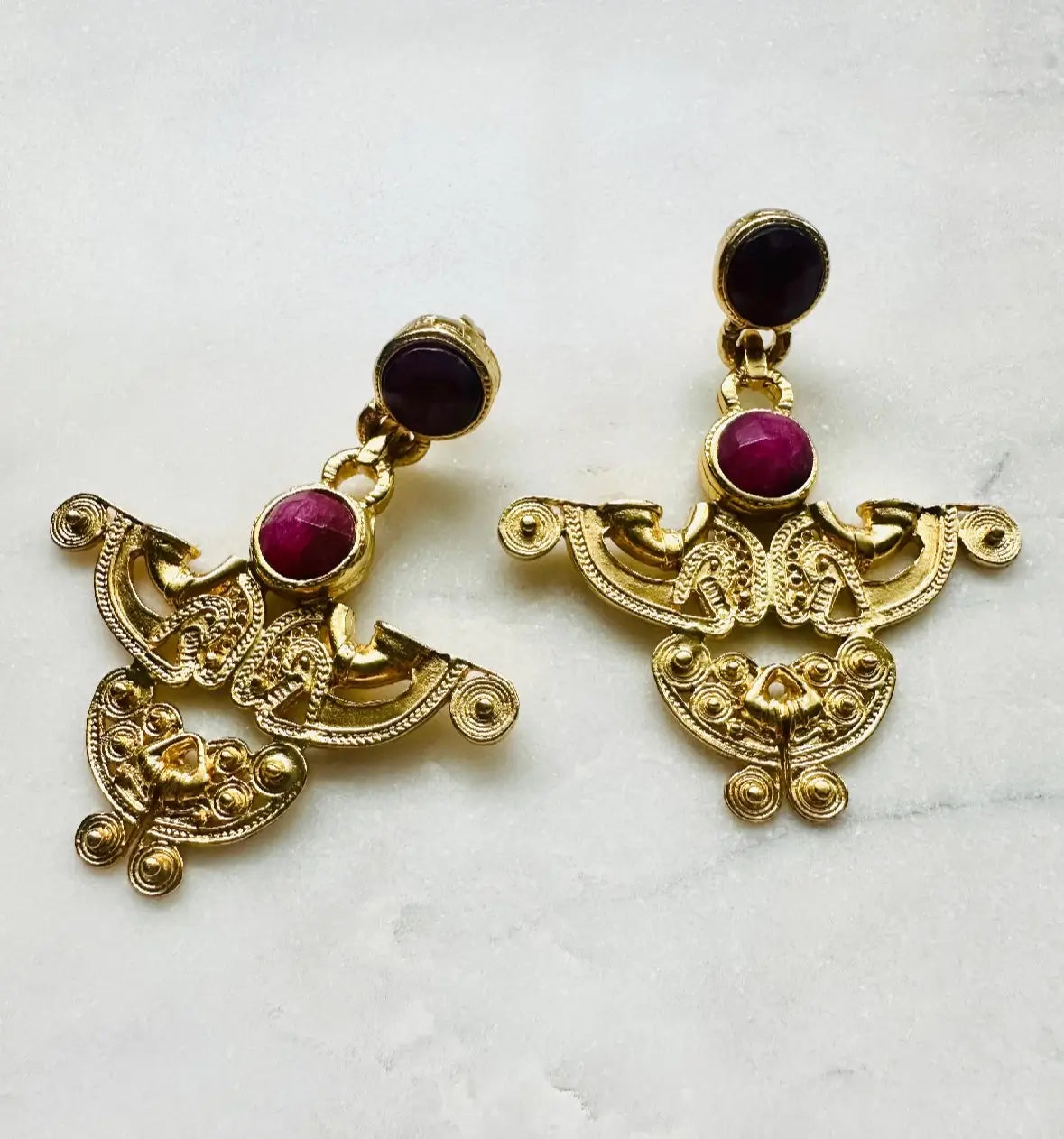 Gorgeous handcrafted sustainable abstract gold-plated ruby earrings   