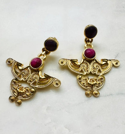 Gorgeous handcrafted sustainable abstract gold-plated ruby earrings   