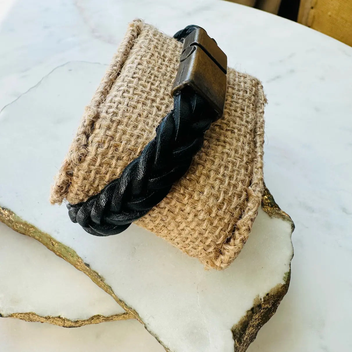 Handmade men’s Black braided leather bracelet with antique bronze buckle clasp