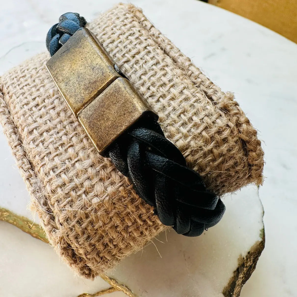 Men’s Handmade black braided boho rugged Bracelet with antique bronze gold clasp 