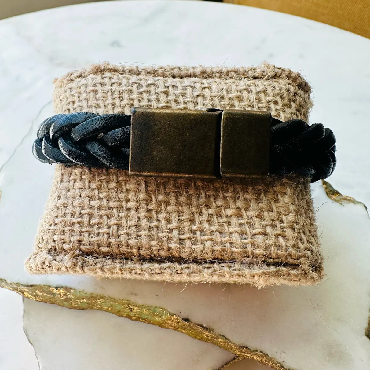 Handmade men’s Bracelet with black braided design and antique bronze buckle