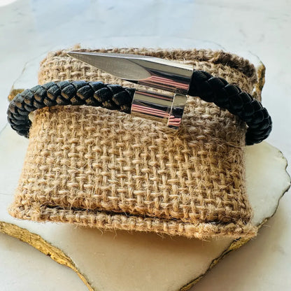 Handmade men’s black braided leather strap cuff bracelet with silver nail and arrow design 