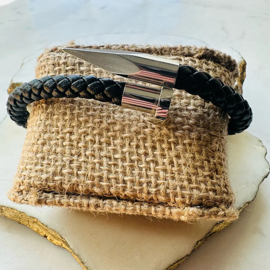 Handmade men’s black braided leather strap cuff bracelet with silver nail and arrow design 