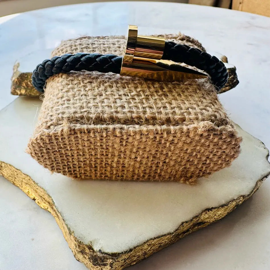 Men’s handmade woven leather Bracelet with black braid and gold nail and arrow detailing 