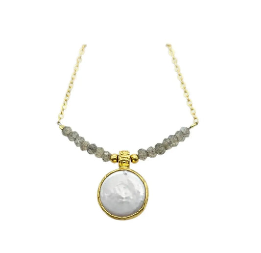 Beautiful gray beaded Necklace with a round white flat pearl pendant and gold-plating 