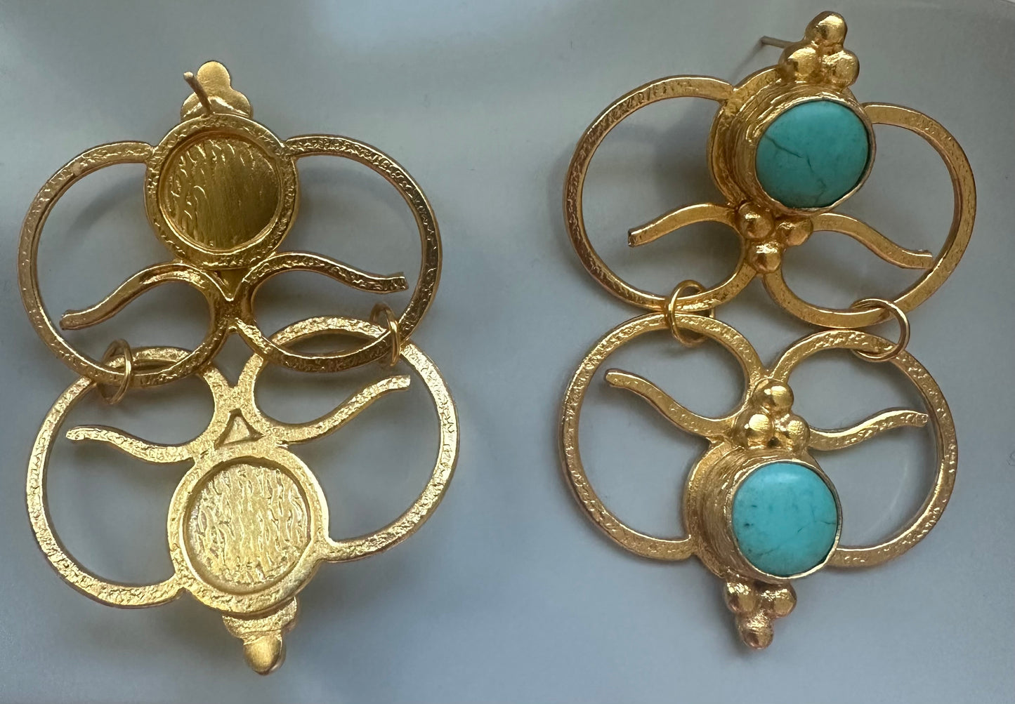 Handmade sustainable high quality gold-played bold turquoise statement earrings 