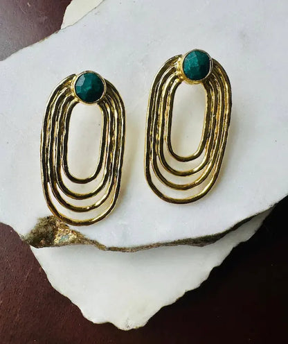 Handmade gold-plated sustainable contemporary paper clip stud earrings with emerald 
