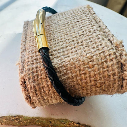 Handmade stylish black braided Bracelet with gold accents 