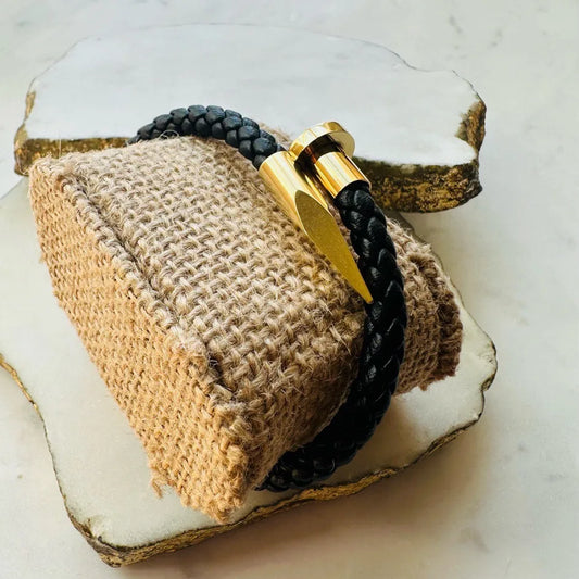 Handmade Men’s black woven wrap Bracelet with gold arrow and nail detailing 
