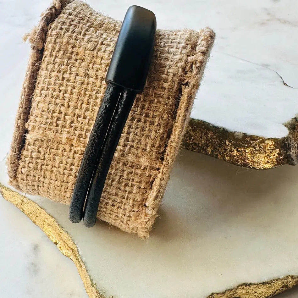 Handmade men’s boho rugged matte black leather bracelet backside 