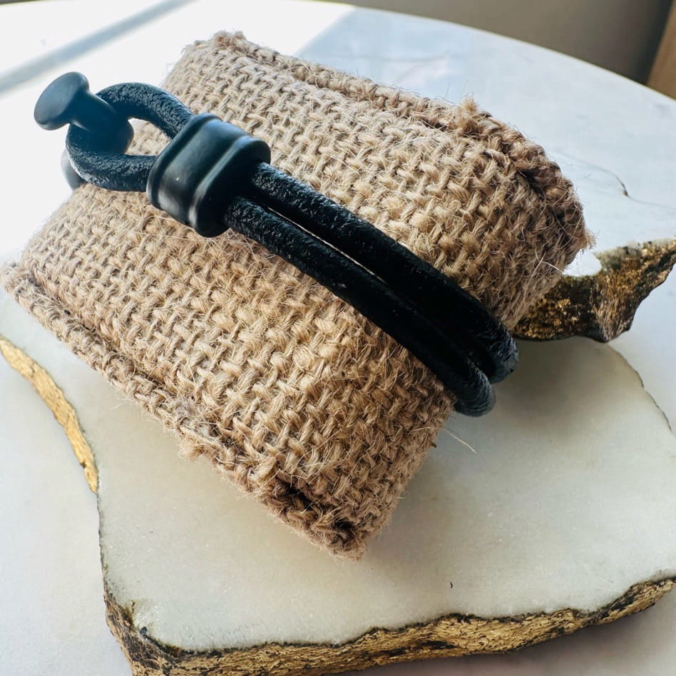 Boho rugged handmade mens matte Black leather bracelet side angle 