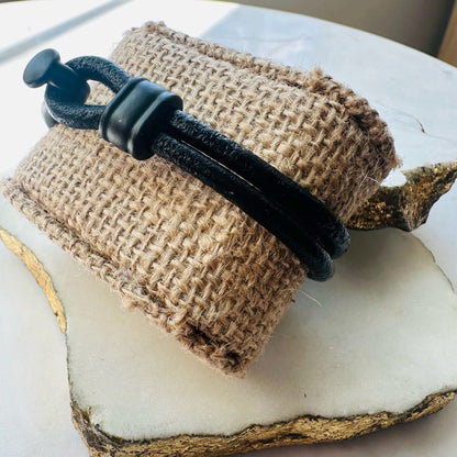 Boho rugged handmade mens matte Black leather bracelet side angle 