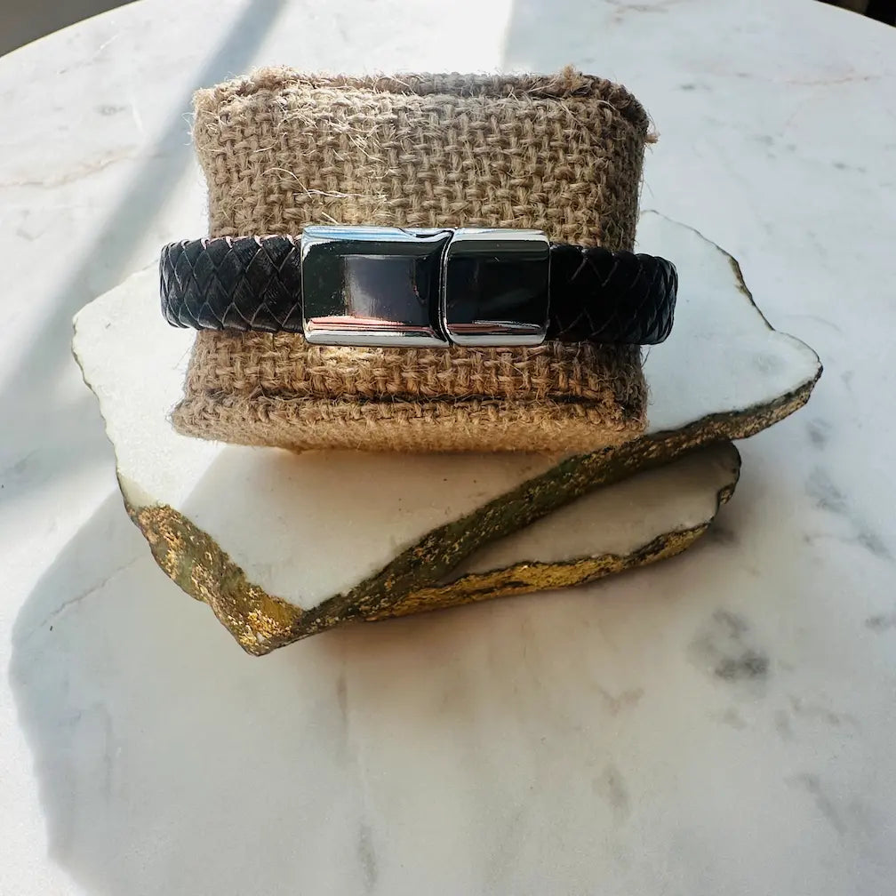 Boho rugged Handmade men’s Brown leather braided leather bracelet with a silver clasp 