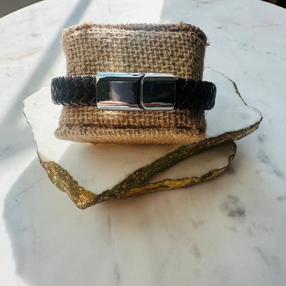 Boho rugged Handmade men’s Brown leather braided leather bracelet with a silver clasp 