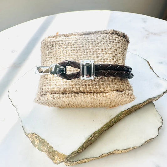 Handmade men’s rugged boho brown leather Bracelet with silver hardware 