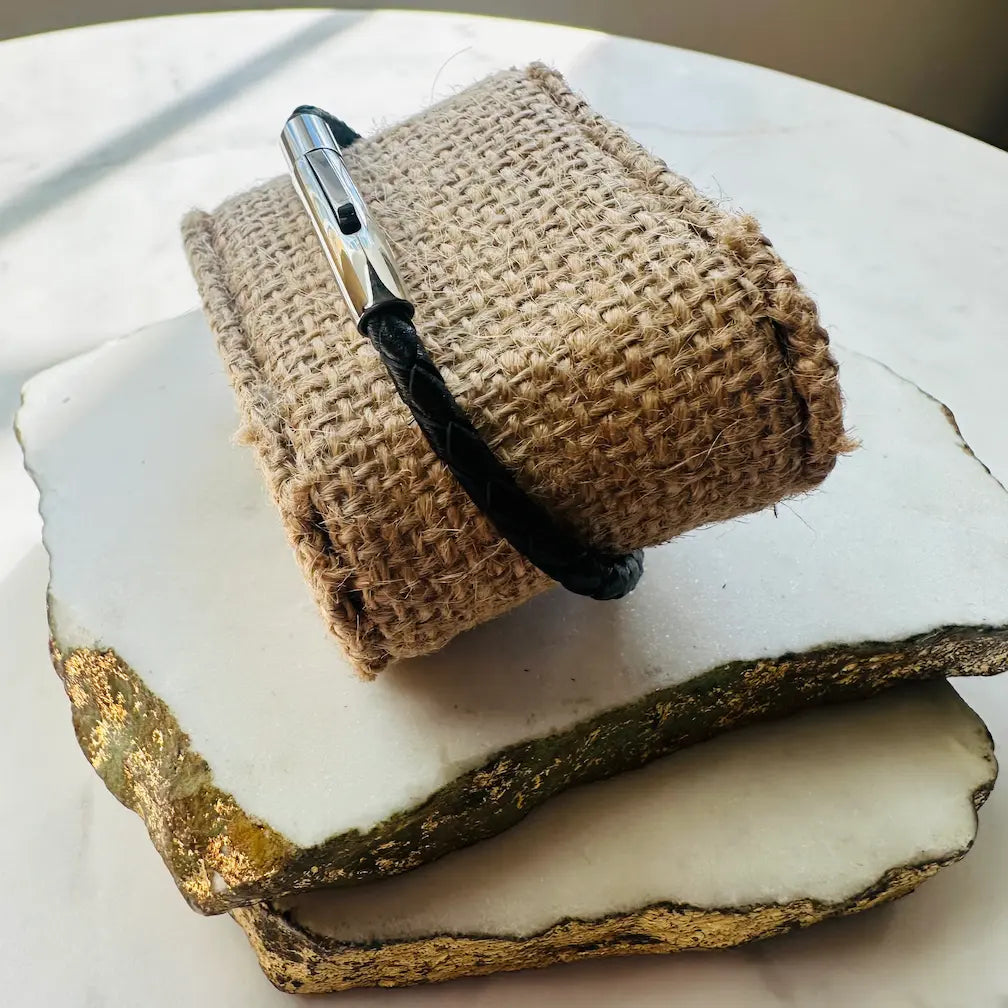 Handmade mens thin black leather Bracelet with silver accent 