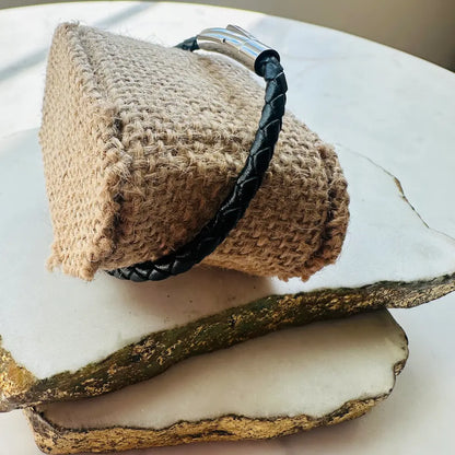 Handmade stylish men’s thin black woven leather stackable bracelet with silver hardware 