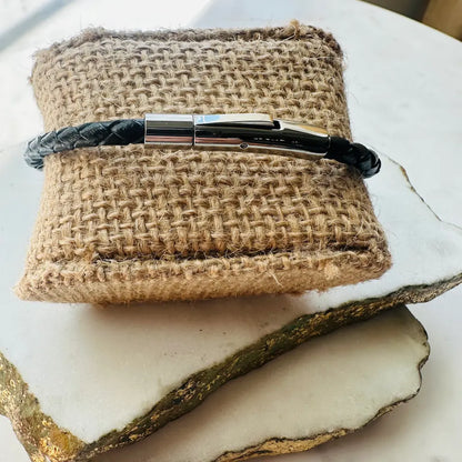 Stylish stackable Handmade men’s thin braided black leather Bracelet with silver accent 