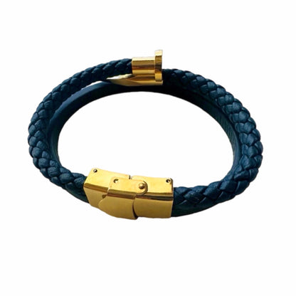 Handmade navy Woven leather men’s cuff wrap bracelet in boho design with gold nail design Back side 