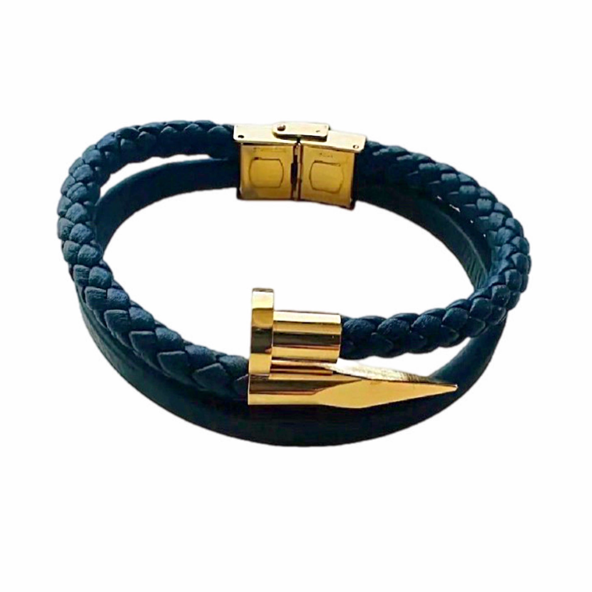 Handmade navy Woven leather men’s cuff wrap bracelet in boho design with gold nail design