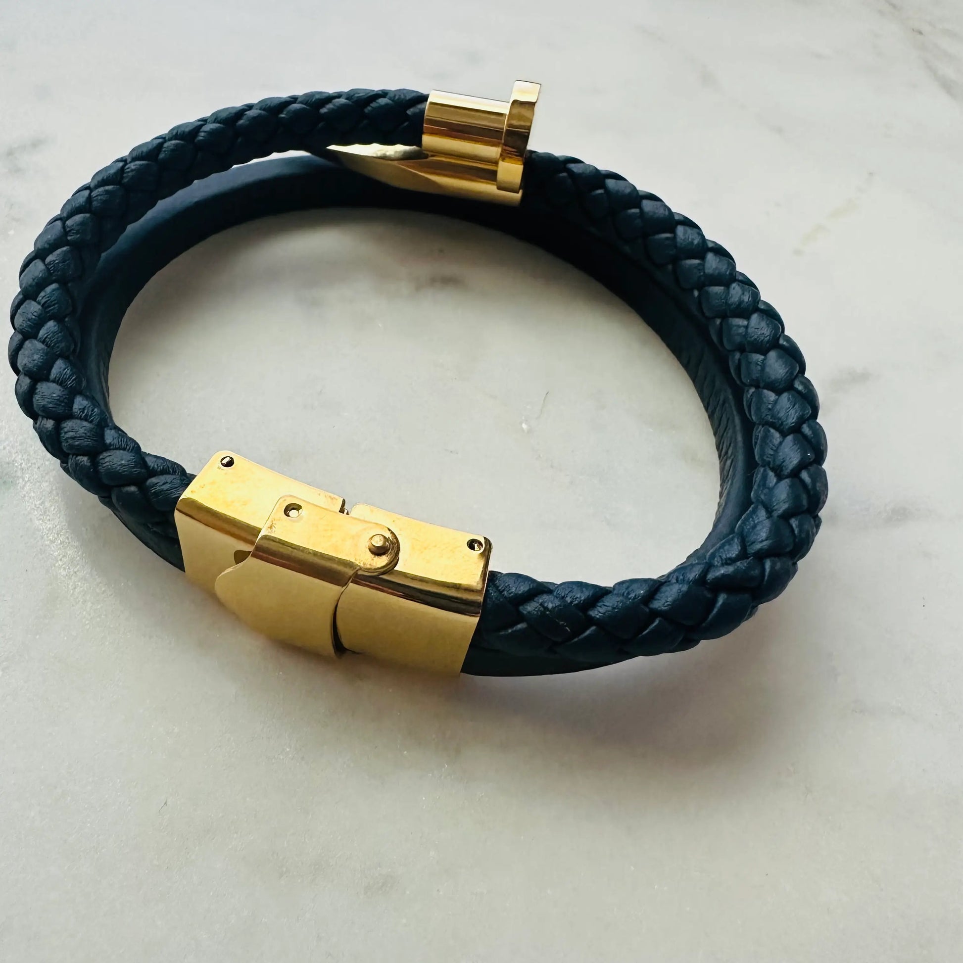 Men’s handmade woven leather cuff wrap bracelet nail design in navy and gold 