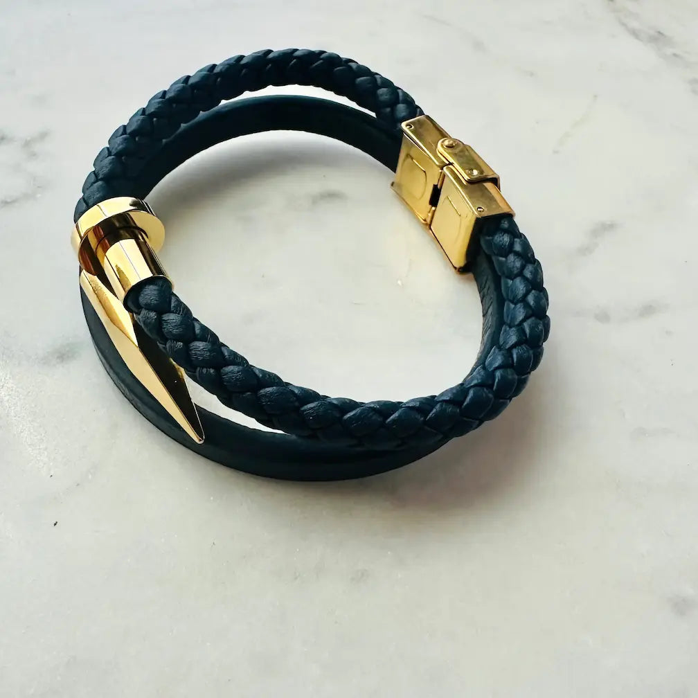 men’s handmade woven leather wrap cuff bracelet in navy and gold in side view 