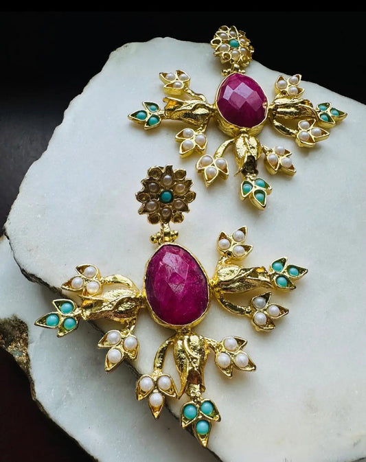 Stunning artisanal sustainable gold-plated Indian ruby pearl and turquoise shaadi earrings  