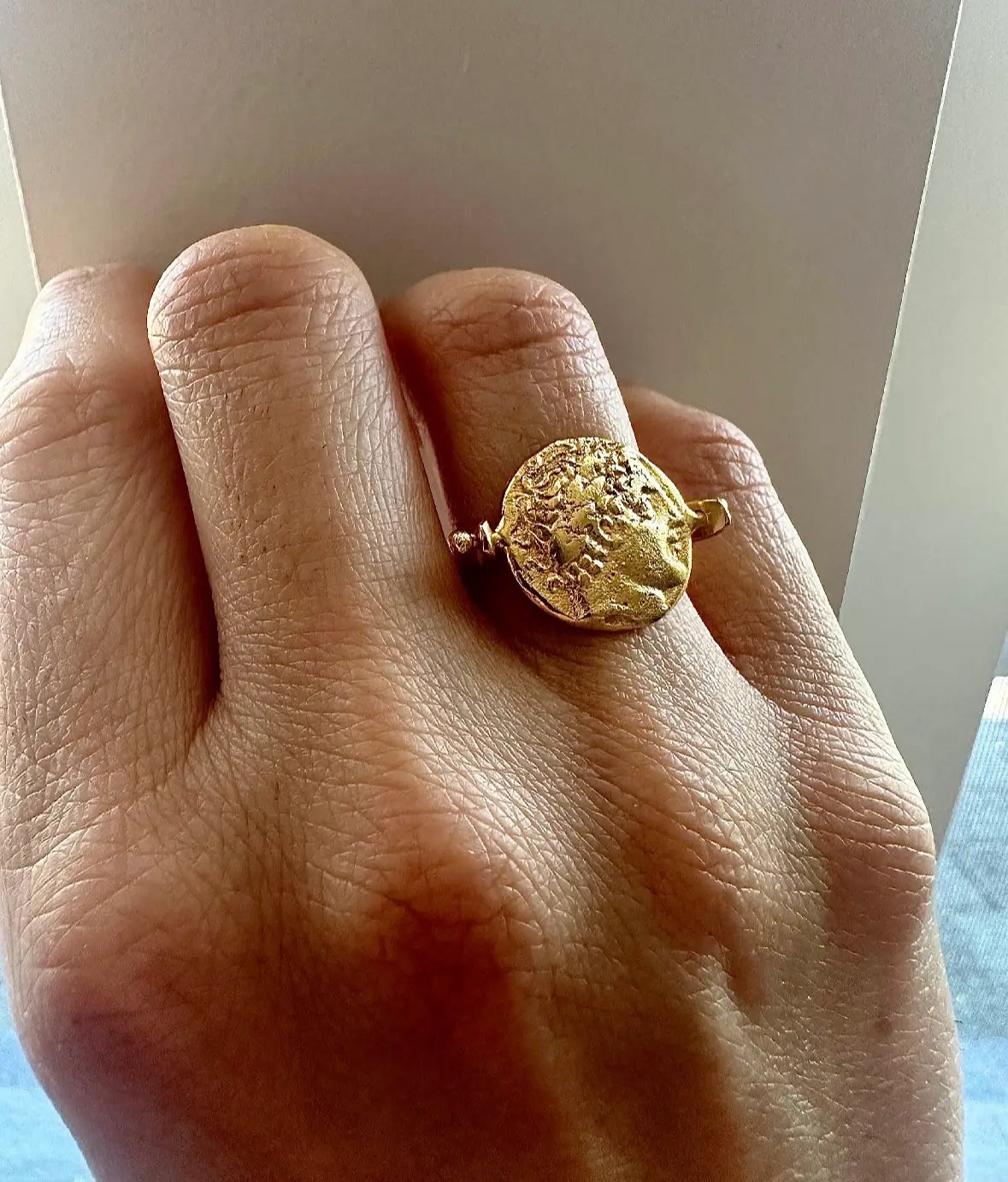 Timeless gold-plated waterproof ring with a vintage coin design