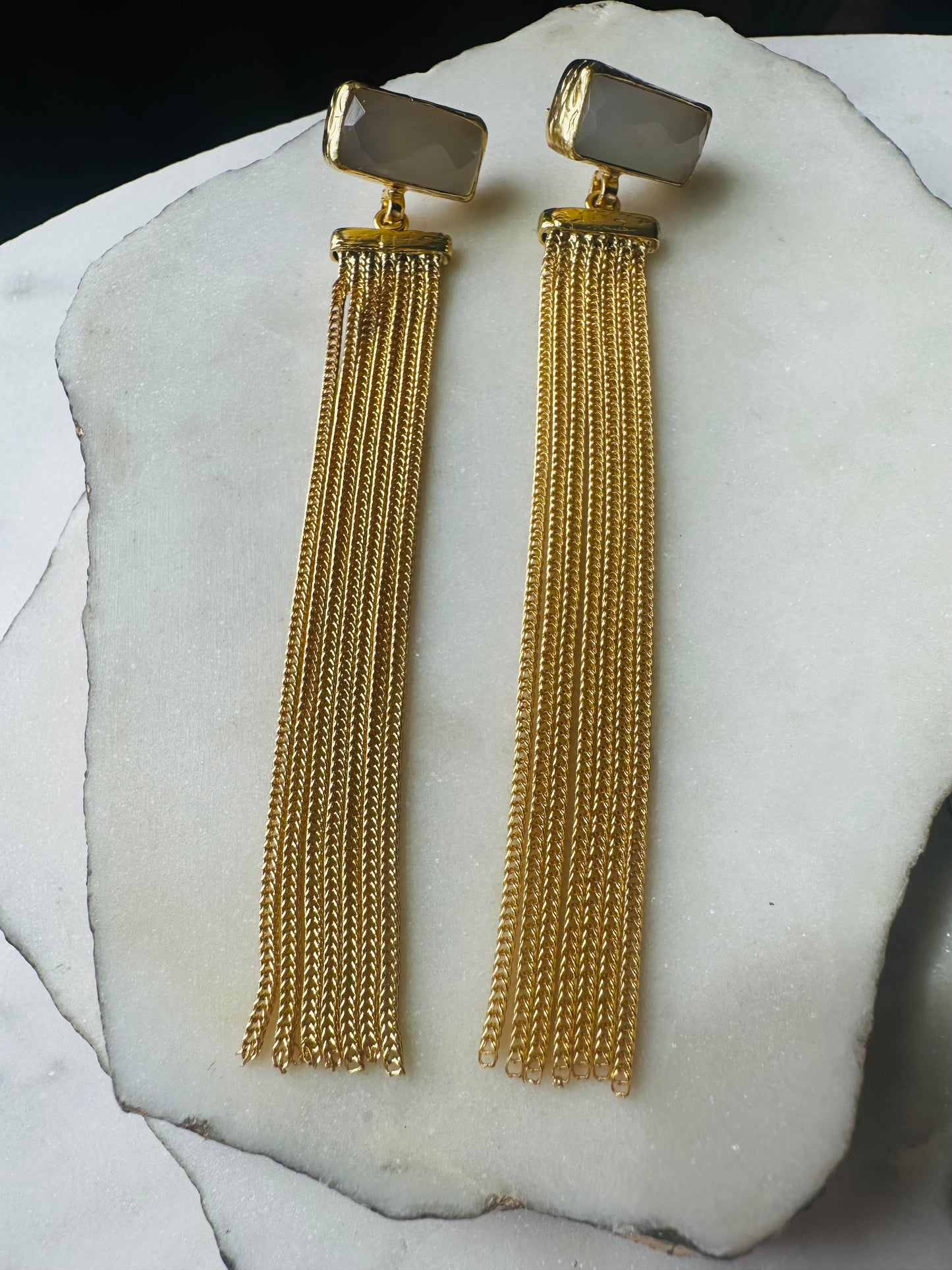 Esma Snow Quartz Gold Chain Tassel Earrings