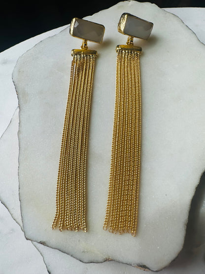 Esma Snow Quartz Gold Chain Tassel Earrings