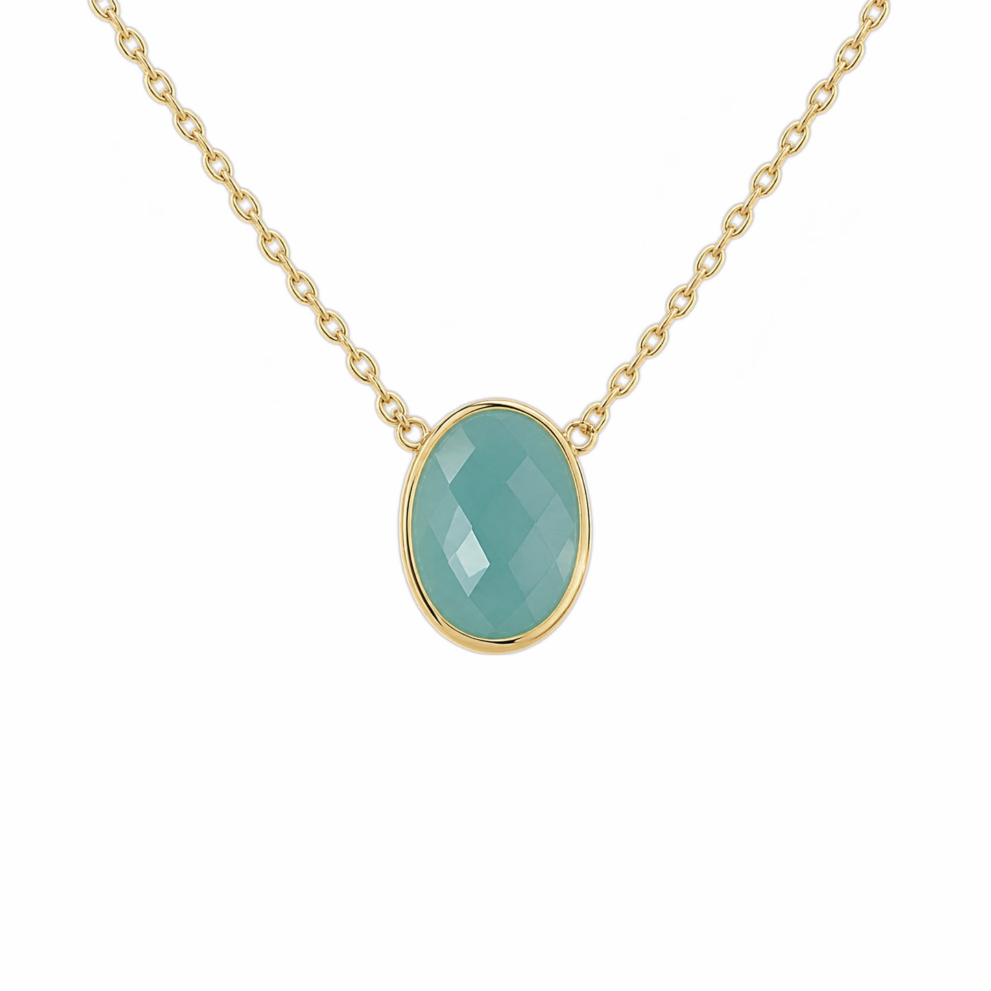 Close up of minimal gold chain faceted Aqua chalcedony pendant necklace on white background