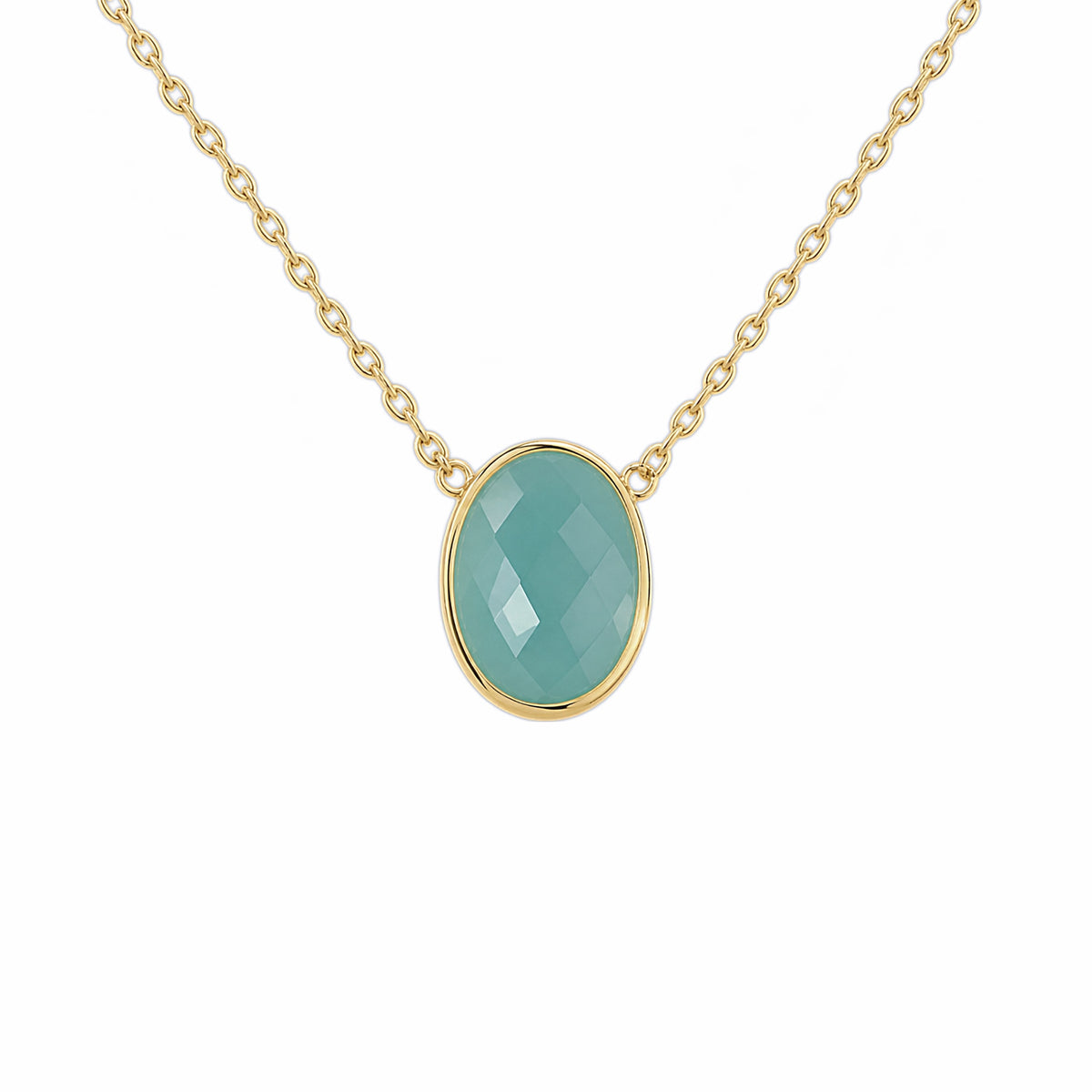 Close up of minimal gold chain faceted Aqua chalcedony pendant necklace on white background