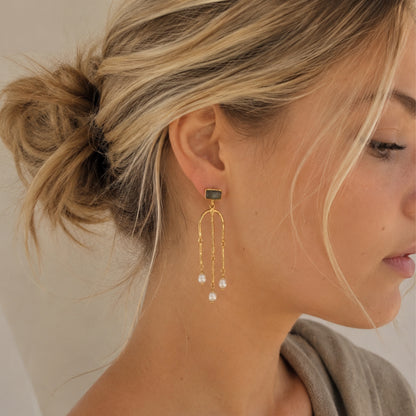 A close-up side profile of a woman with blonde hair in a low bun, wearing a delicate gold dangle earring with a small labradorite rectangular stone and three dangling white pearl beads.