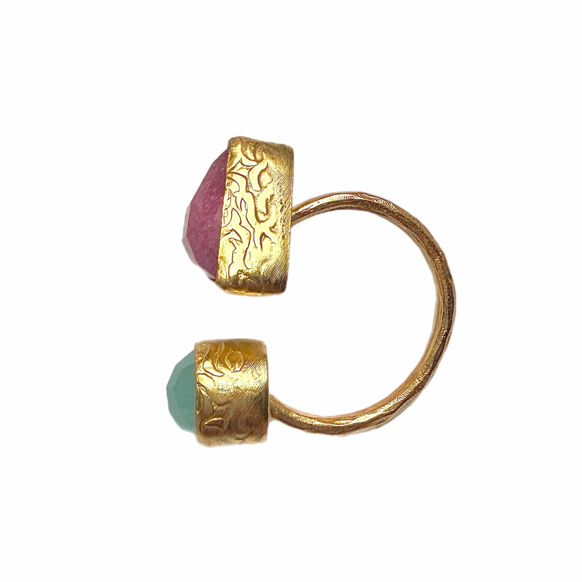 Gorgeous handmade sustainable Gold-plated gemstone ring with a ruby triangular gem and aqua chalcedony round gem on white background