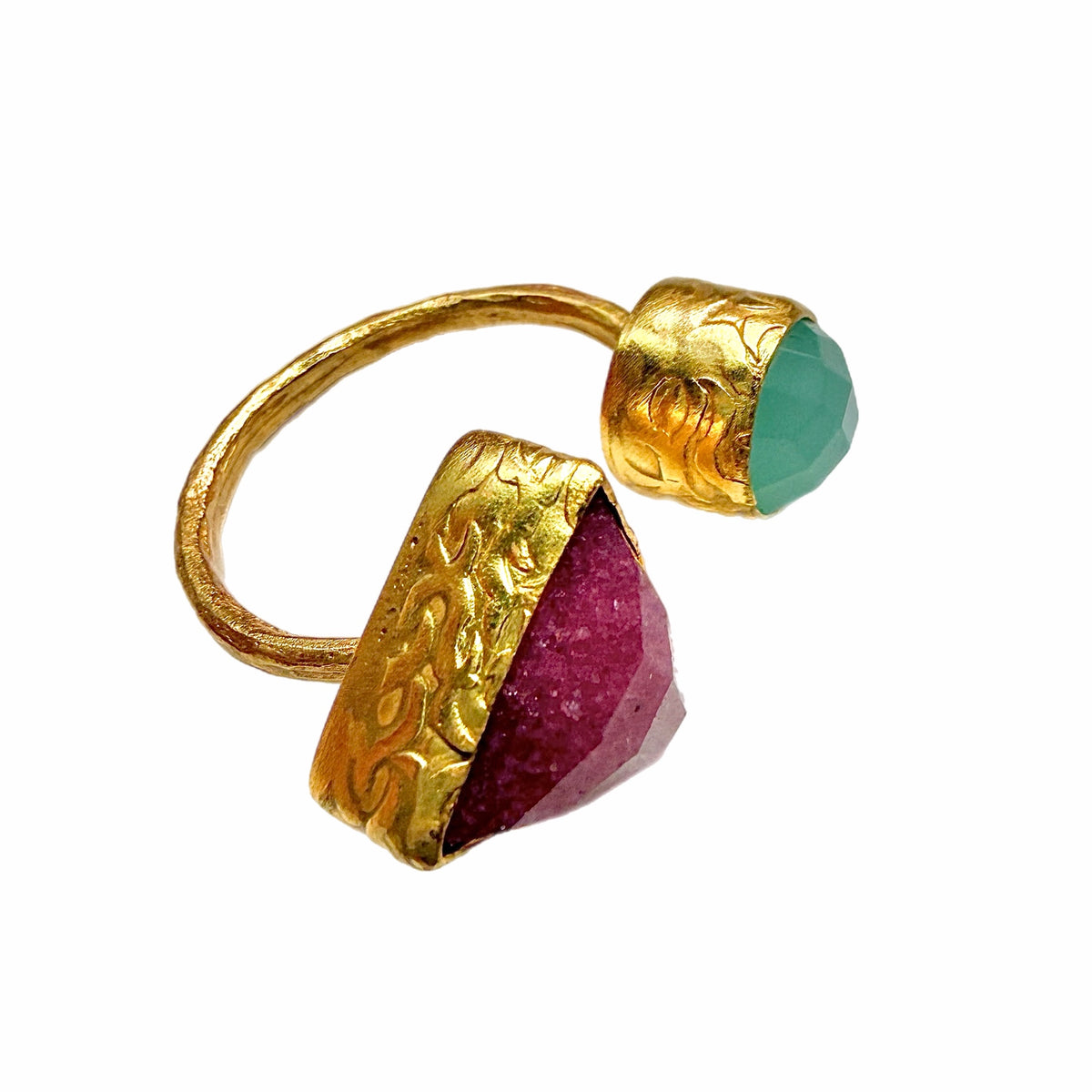 Gorgeous handmade sustainable Gold-plated gemstone ring with a ruby triangular gem and aqua chalcedony round gem on a white background